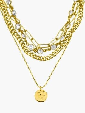 Adornia 14K Yellow Gold Plated Layered Pebbled Charm Necklace/Bnwt